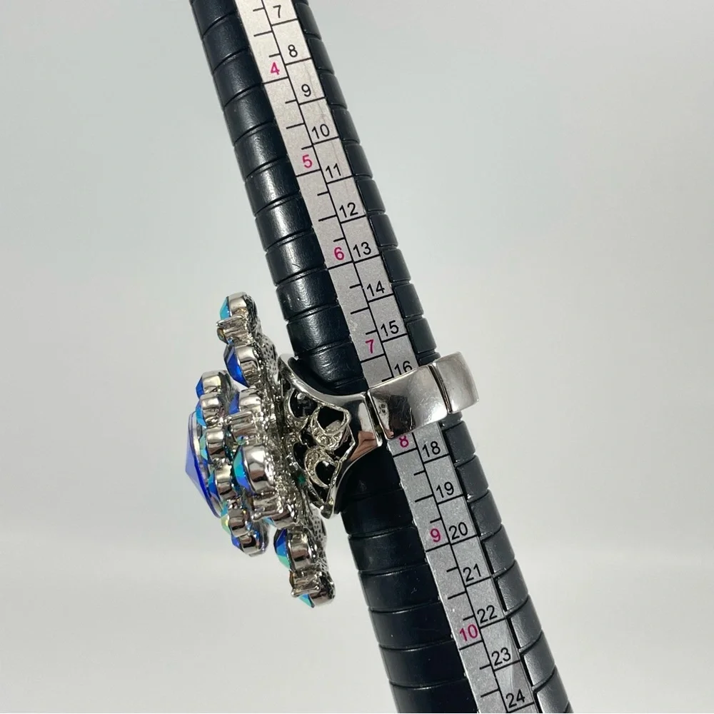 Stunning Silver Tone Big Statement Blue AB Glass Rhinestone Adjustable Ring